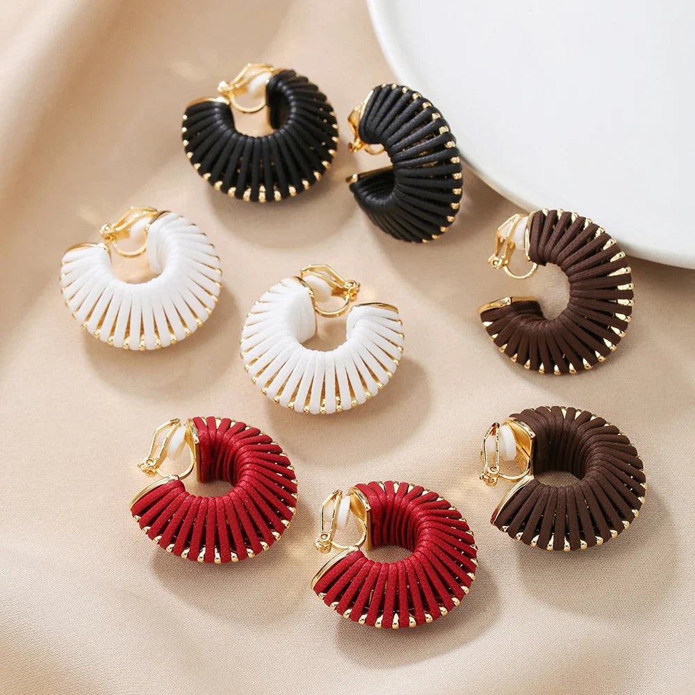 Wire Wrap Leather Hoop Clip on Earring